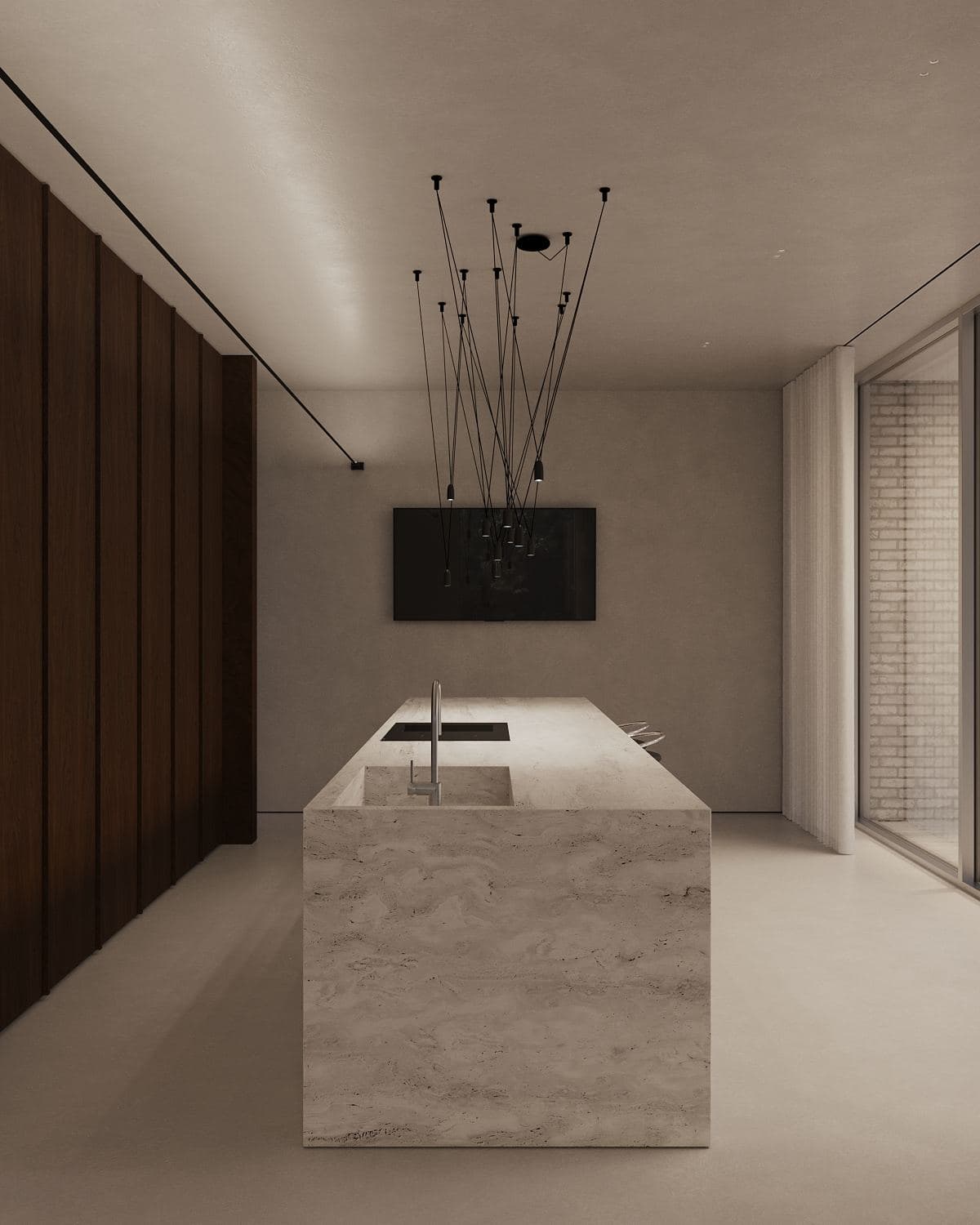 Modernism-Inspired Family House Interior — render of a kitchen island beneath a sculptural branching pendant light