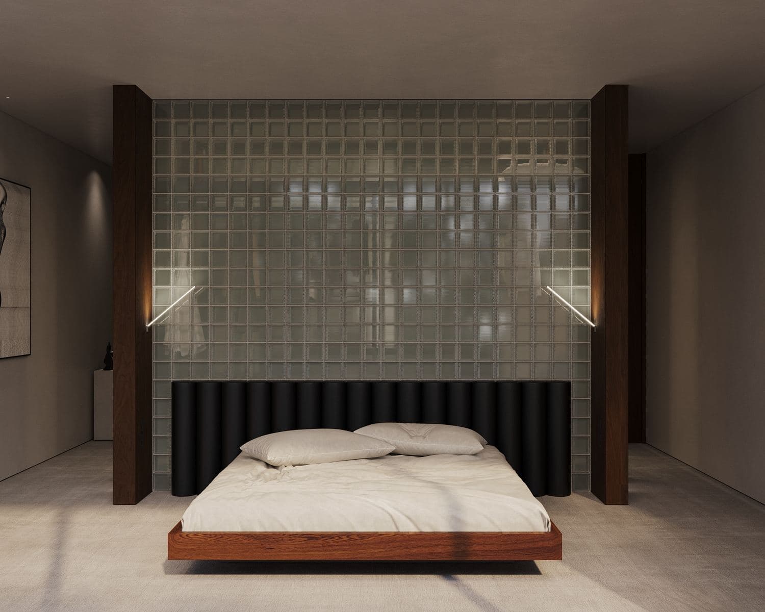 Modernism-Inspired Family House Interior — render of a bed framed by walnut posts against a glass-block wall
