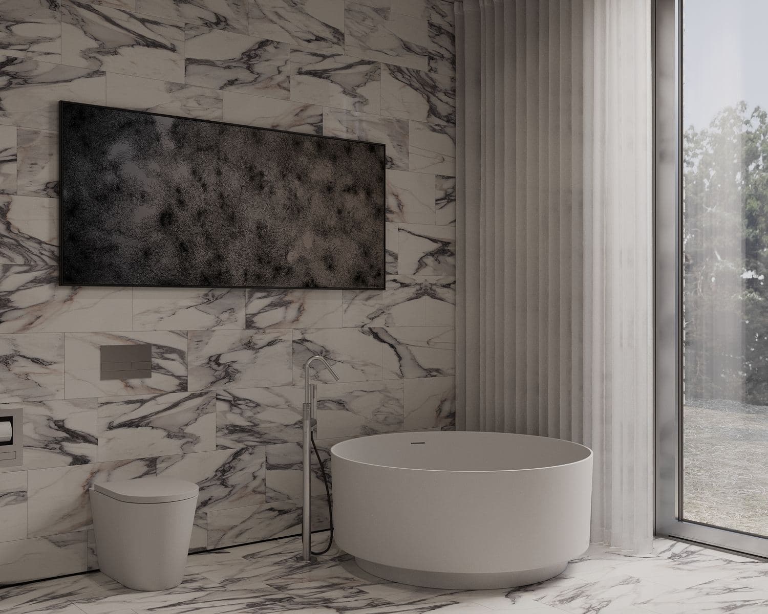 Modernism-Inspired Family House Interior — render of a freestanding bathtub beneath a marble-clad wall