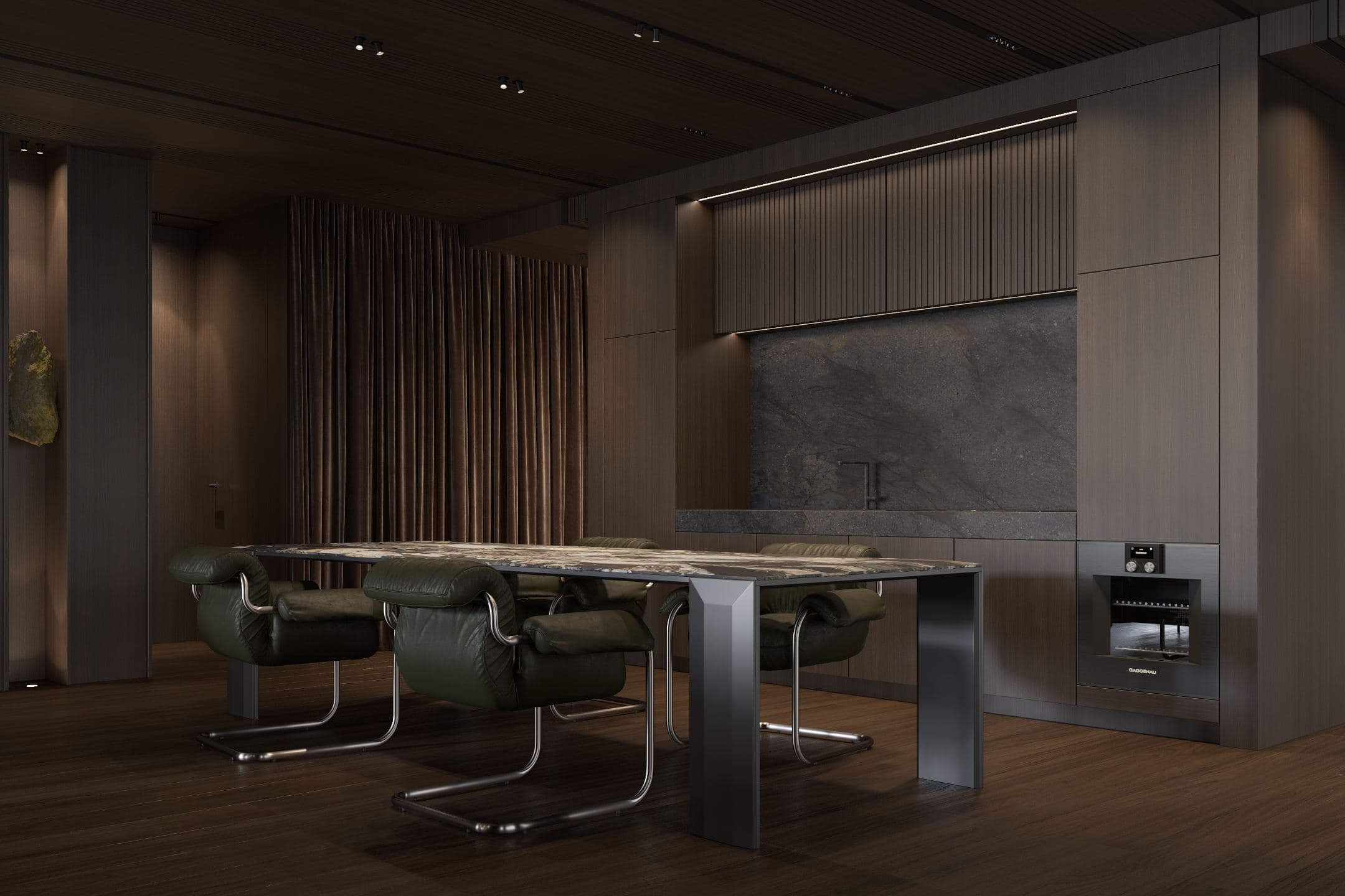Skyline Penthouse — dining table beneath a stone-topped console
