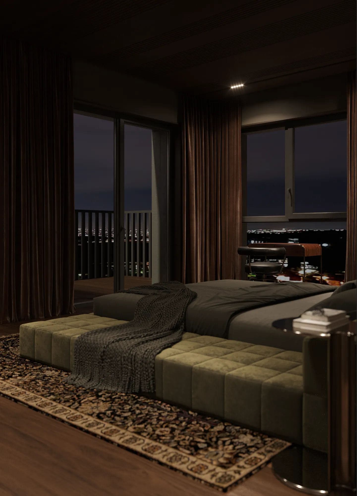 Skyline Penthouse — bed facing floor-to-ceiling windows over the night skyline
