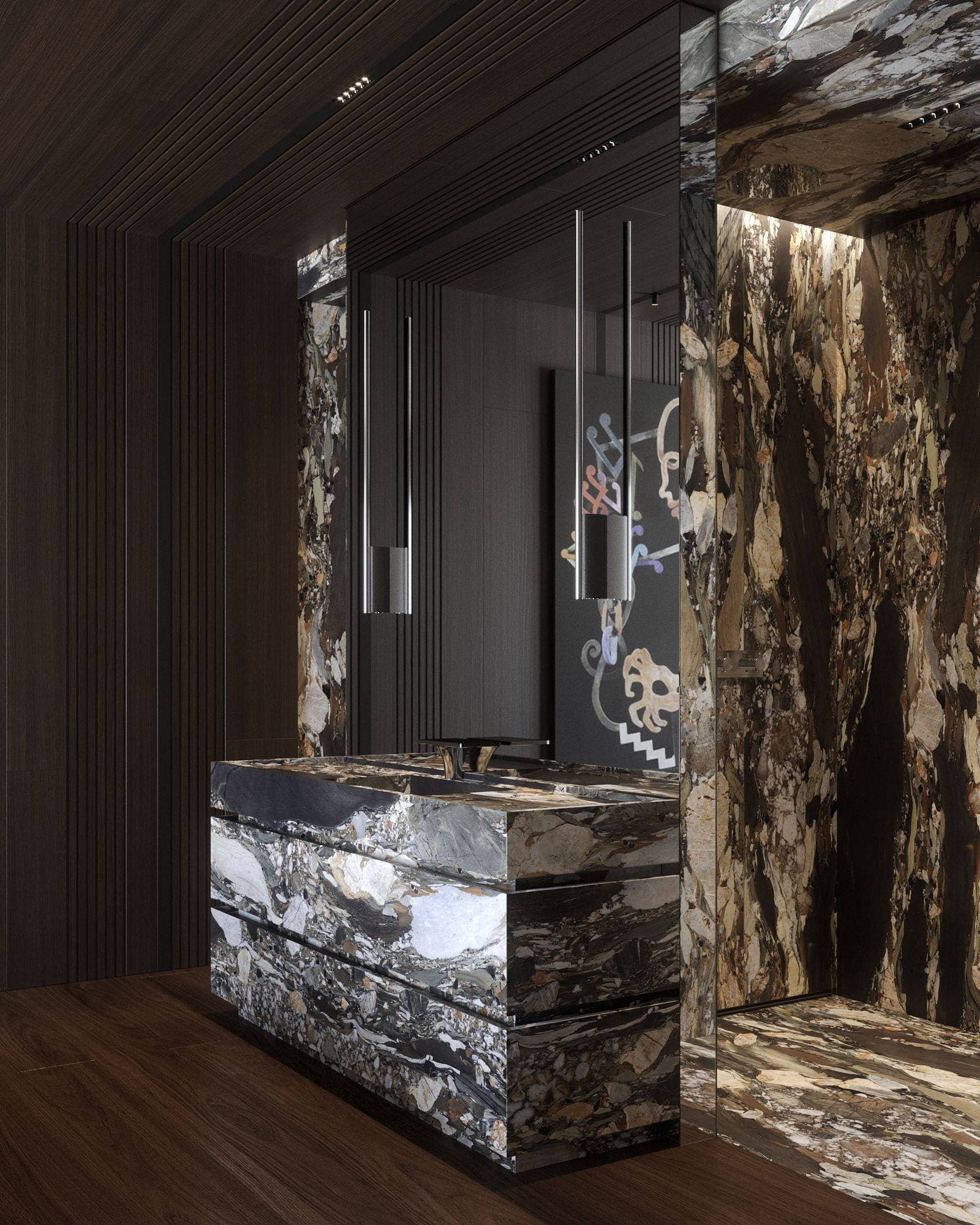 Skyline Penthouse — stone vanity beside a mirror and dark veined wall