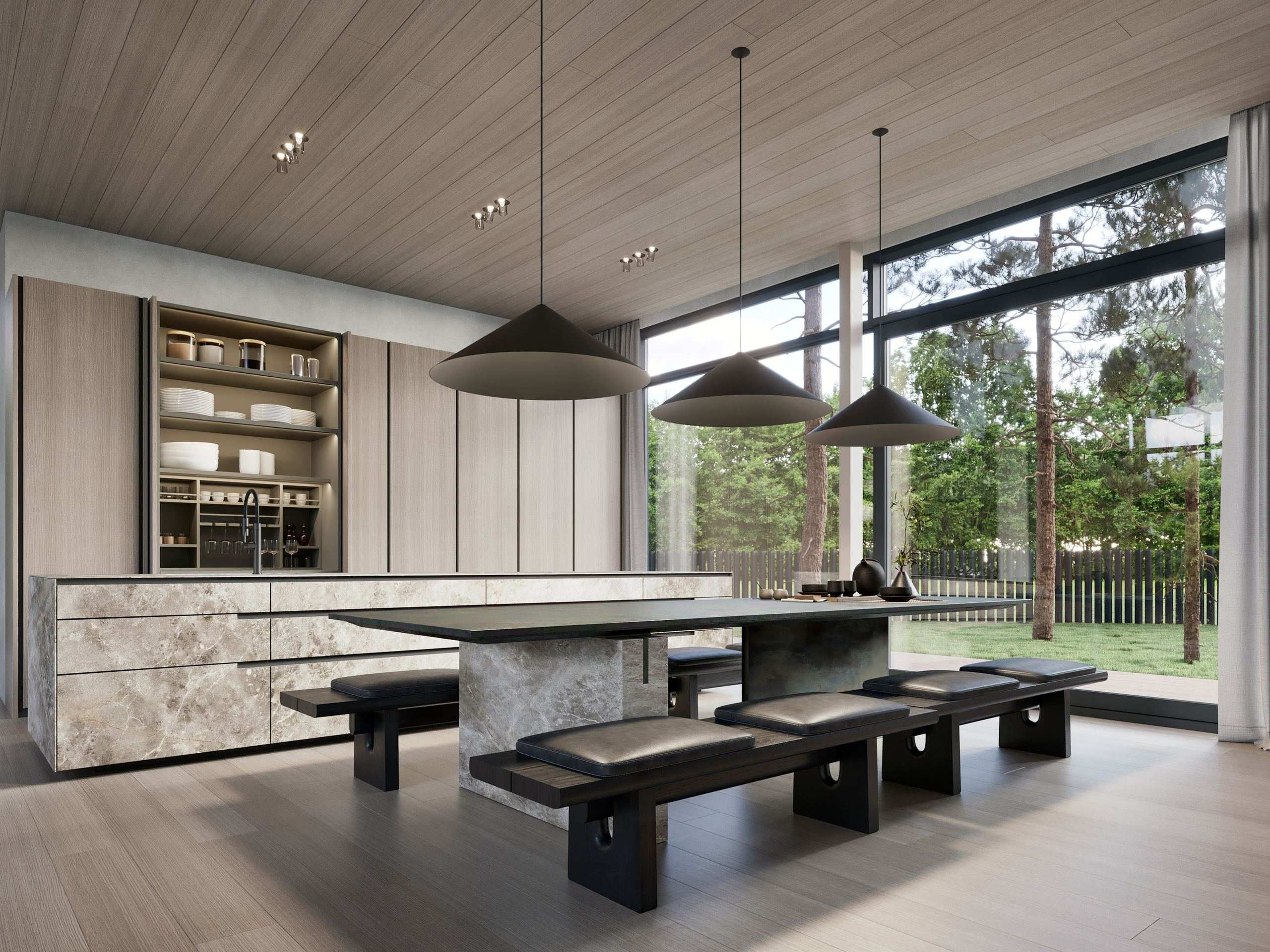 ZEN House Interior — kitchen island and dining table beneath pendant lights, forest beyond