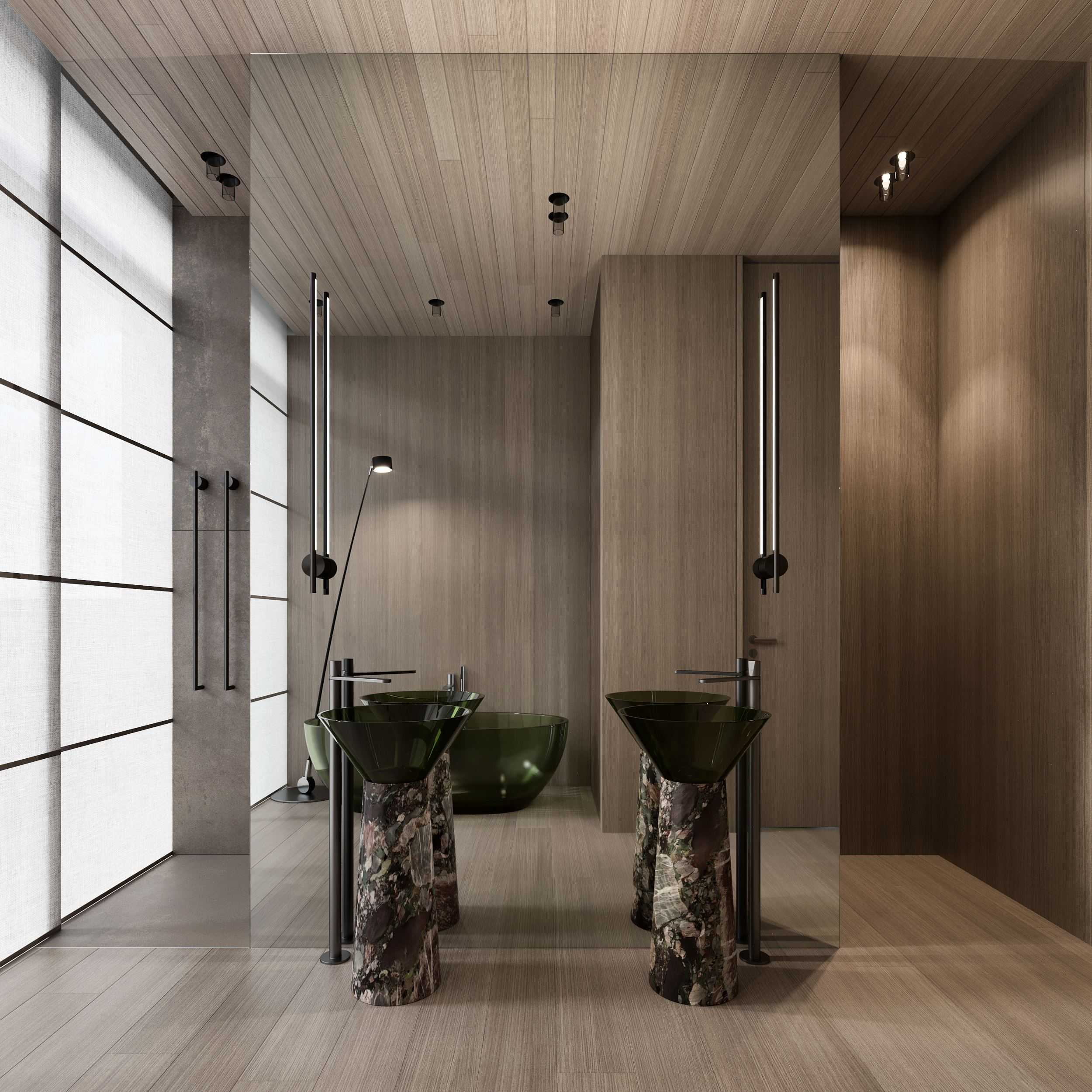 ZEN House Interior — freestanding basins in dark stone beneath a timber screen