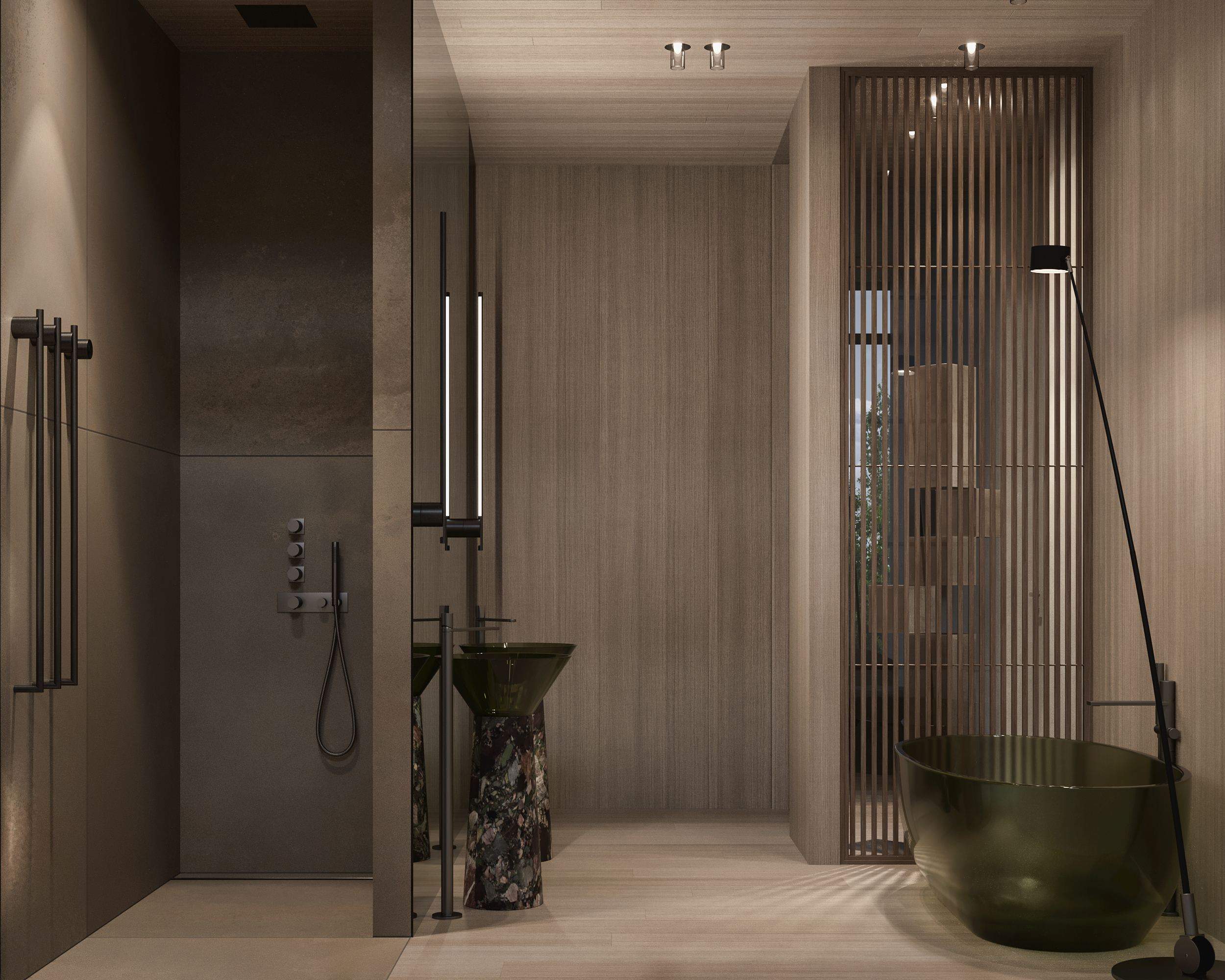 ZEN House Interior — dark stone bathtub beside a walk-in shower